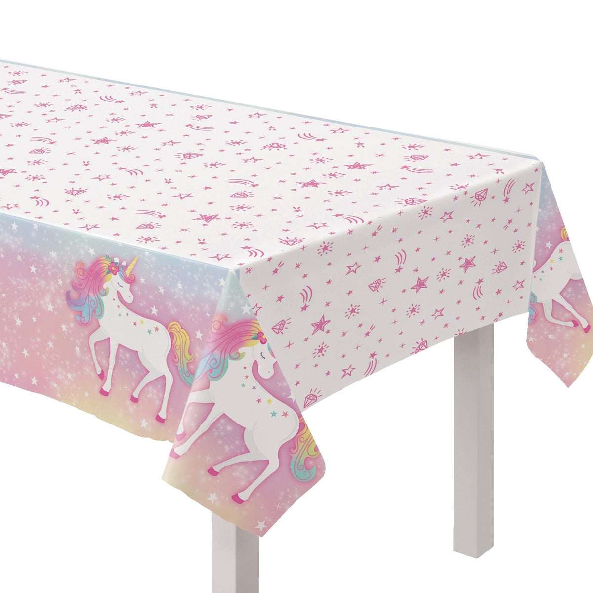 Unicorn Rectangle Plastic Reusable Table Cover, Pink/White, 54 x 96-in