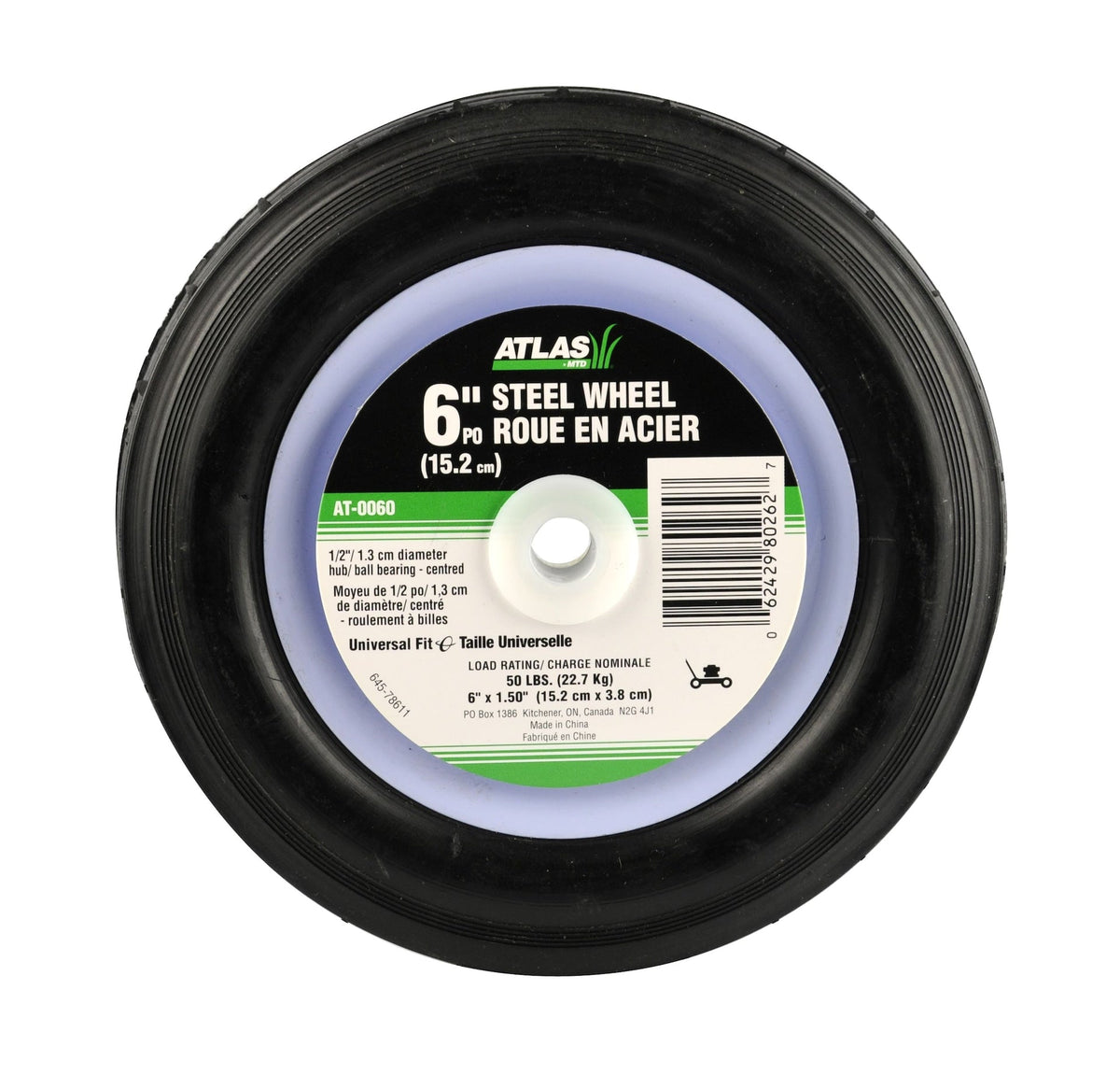 Atlas Steel Mower Wheel with Ball Bearings, 6-in