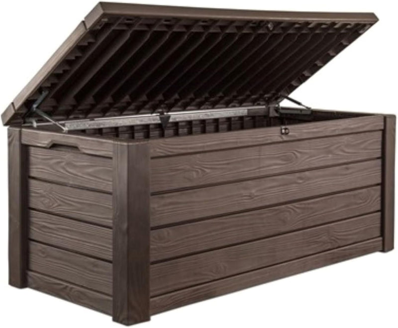 570-liter storage box, all-weather resin boat-shaped storage box, and stylish outdoor bench with piston-assisted lockable lid and side handles, dark coffee color version B9646