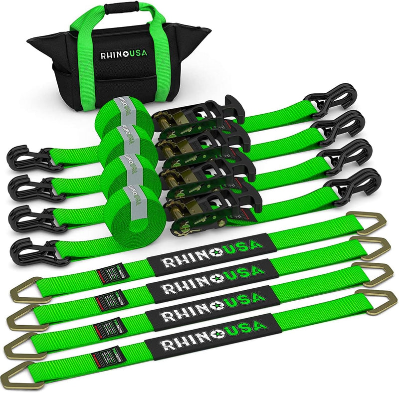Car Tie Down Straps for Trailers with J Hooks (4-Pack) - 2 Inch x 8 Feet (10,000lb Break Strength) - Heavy Duty T-Handle Car Hauler Tire Straps for Trailer & UTV with Axle Straps - Black U8343