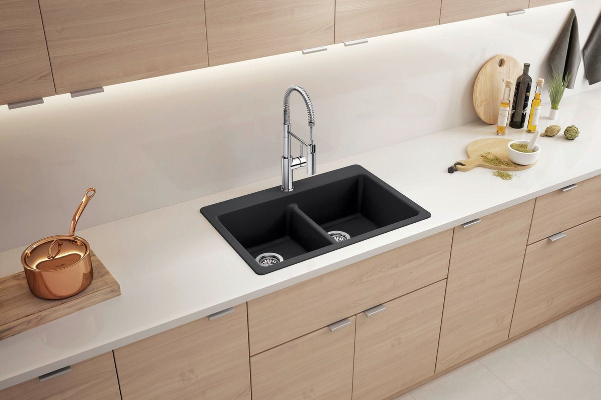 Liven 33-in 50/50 Double Bowl Dual Mount Kitchen Sink with Low Divide, Anthracite