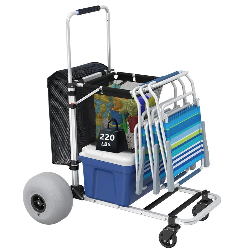 Foldable Beach Cart with Adjustable Handle and 12" Balloon Wheels, Heavy Duty Aluminum 220LBS Capacity J9172
