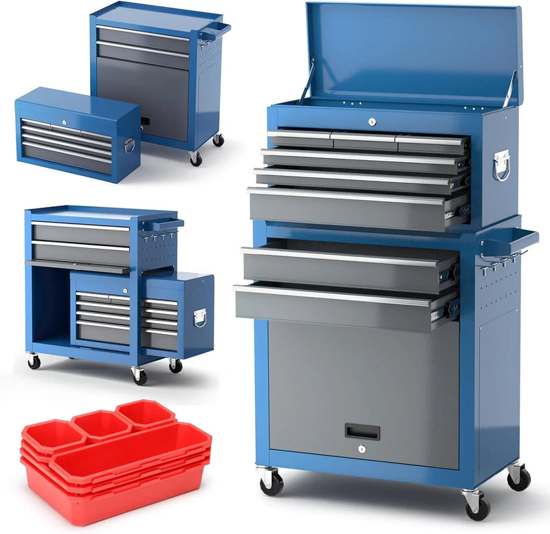 Tool Chest 8-Drawer | 42'' Large Rolling Tool Chest with Wheels | Detachable Top Metal Tool Box | Garage Storage Cabinet for Repair Room,storage area | Rolling Tool Box with Hooks,Liners,Tray Divider A9145
