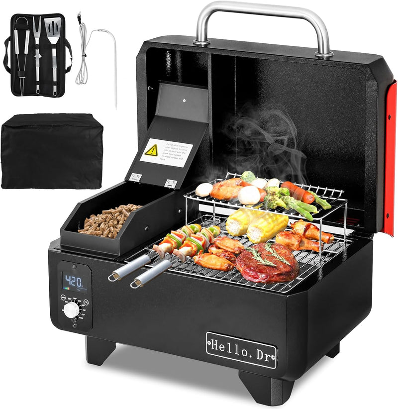 Portable Wood Pellet Grill and Smoker,Electric Outdoor 8 in 1 Tabletop Grills for RV Camping Tailgating RV Cooking BBQ, Intelligent Temperature Control and Superheated Steam Technology J8696