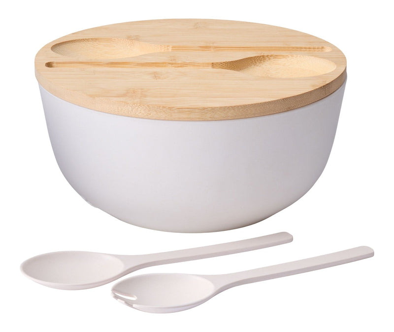 CANVAS Bamboo Salad Bowl Set with Lid & Servers, White Q8471