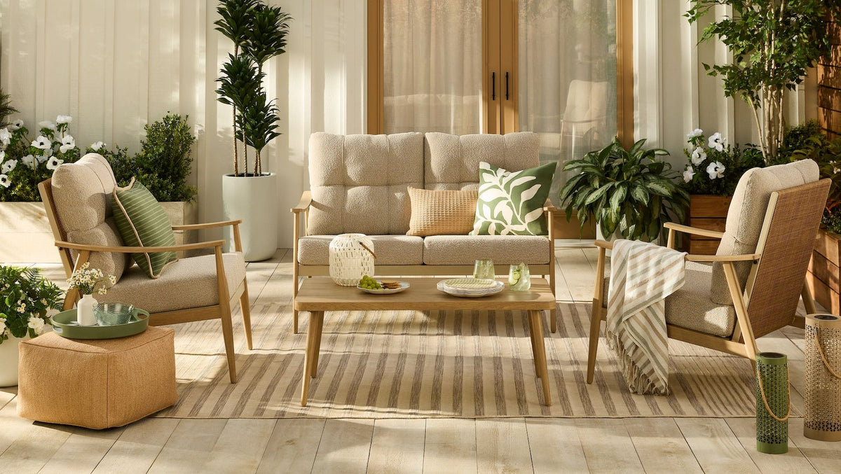 CANVAS Elmvale Outdoor Patio Conversation Set with Rattan Back and Tufted Cushions, Tan, 4-pc