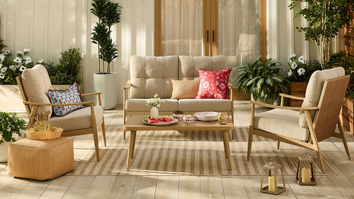 CANVAS Elmvale Outdoor Patio Conversation Set with Rattan Back and Tufted Cushions, Tan, 4-pc