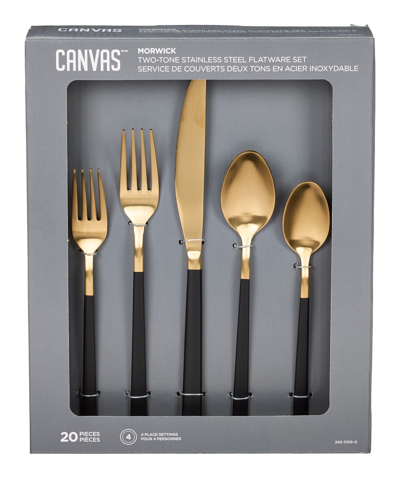 CANVAS Flatware Set, Serves 4, 20-pc, Black & Gold C777