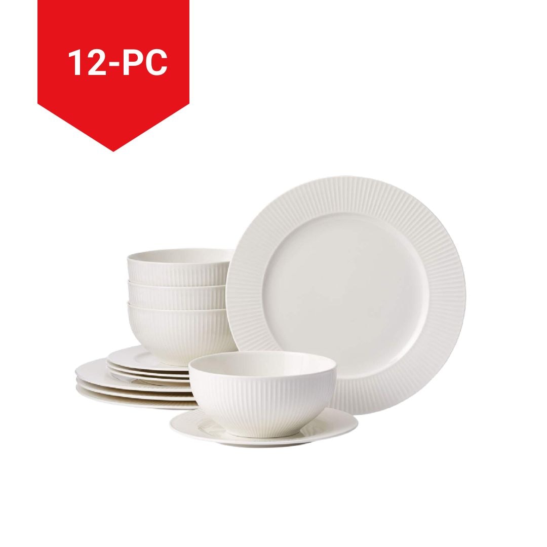 CANVAS Highbury Ribbed New Bone Dinnerware Set, Serves 4, 12-pc, White