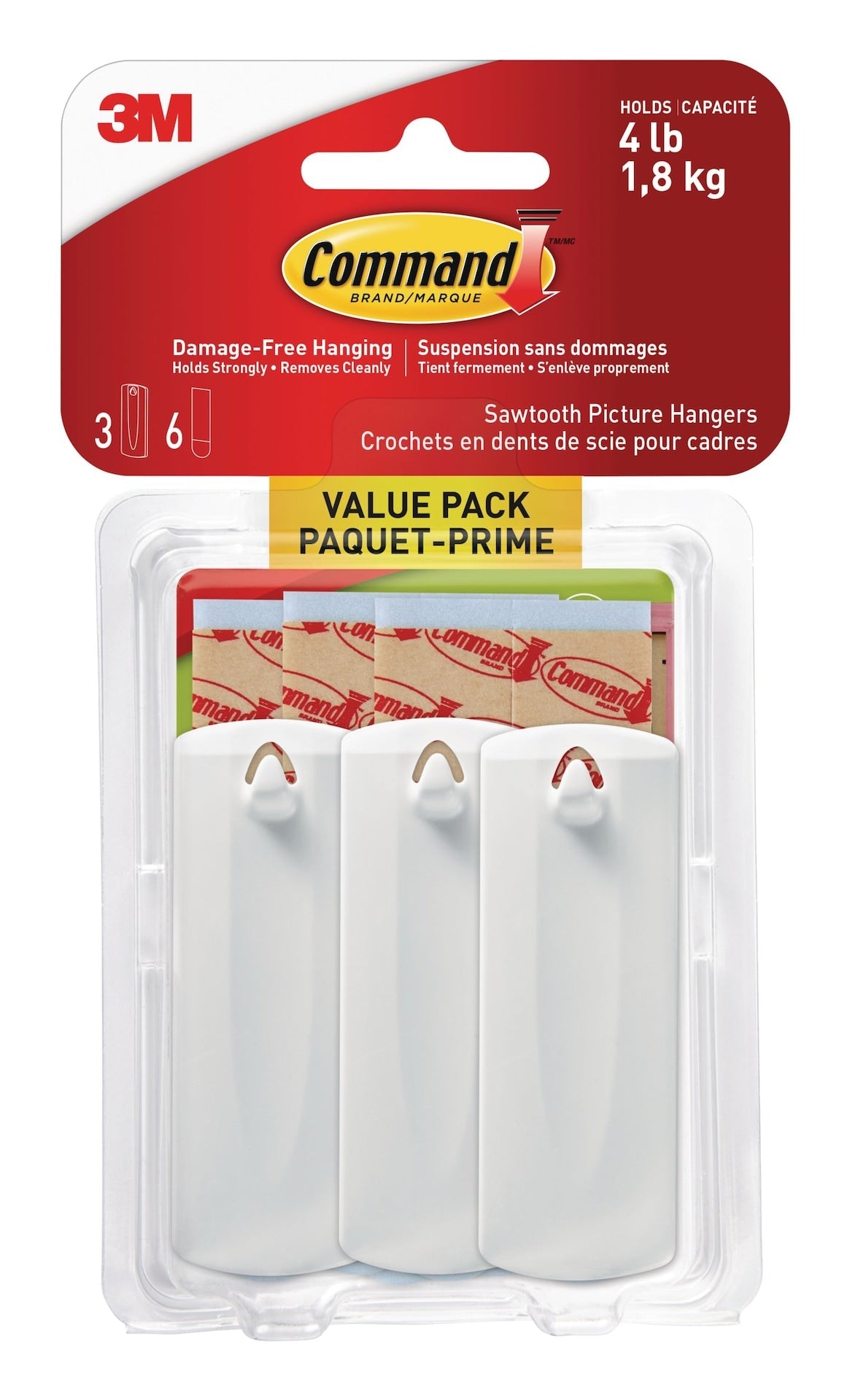 Command Adhesive Sawtooth Picture Hanging Hooks with Adhesive Strips, White, 4-lbs, 3 Strips per Pack