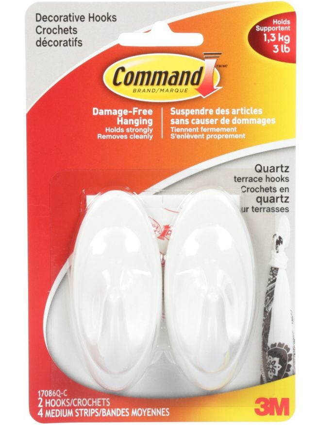 Decorative Quartz Terrace Hooks with Adhesive Strips, White, 3-lbs, 2 Strips per Pack Y3946