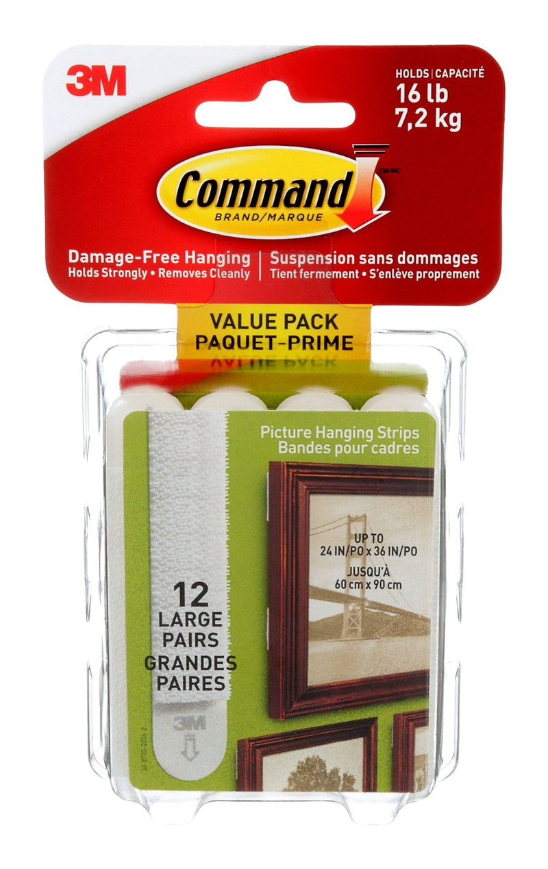 Large Adhesive Picture Hanging Strips Value Pack, White, 16-lbs, 12 Strips per Pack B4265