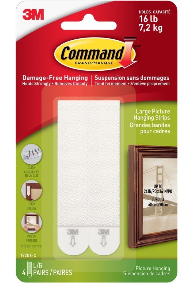 Large Adhesive Picture Hanging Strips, White, 16-lbs, 4 Strips per Pack E2589