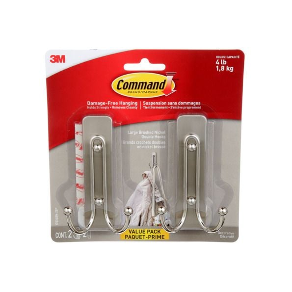 Large Decorative Double Hooks Value Pack with Adhesive Strips, Brushed Nickel, 4-lbs, 2 Strips per Pack T9964