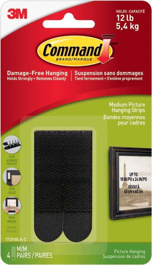 Medium Adhesive Picture Hanging Strips, Black, 12-lbs, 4 Strips Per Pack F7801