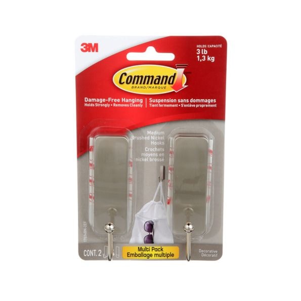 Medium Decorative Hooks with Adhesive Strips, Brushed Nickel, 3-lbs, 2 Strips per Pack F8439