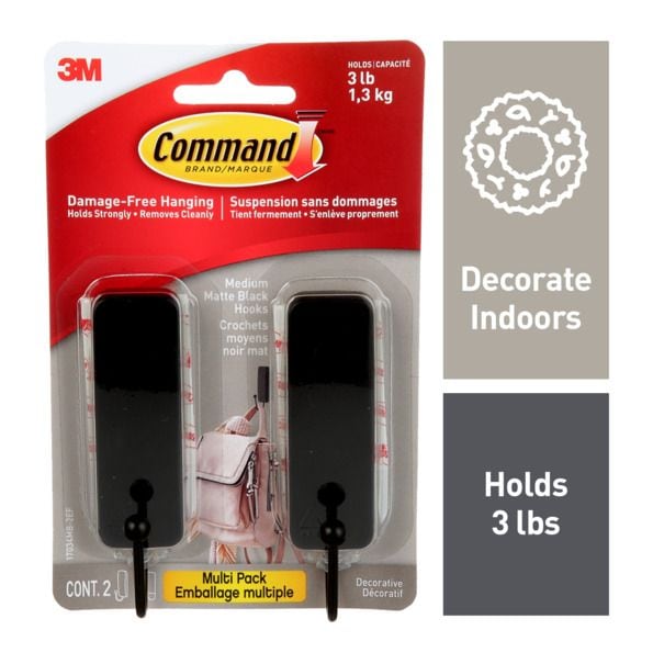 Medium Decorative Hooks with Adhesive Strips, Matte Black, 3-lbs, 2 Strips per Pack W3405
