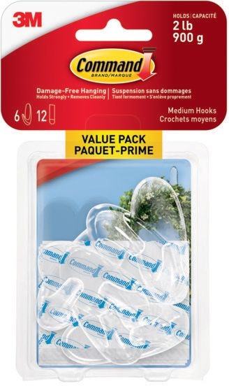 Medium Hooks Value Pack with Adhesive Strips, Clear, 2-lbs, 6 Strips per Pack I3684