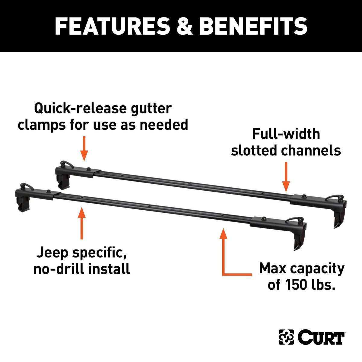 18122 Quick-Release Roof Rack Crossbars, Black Steel, Select Wrangler JK