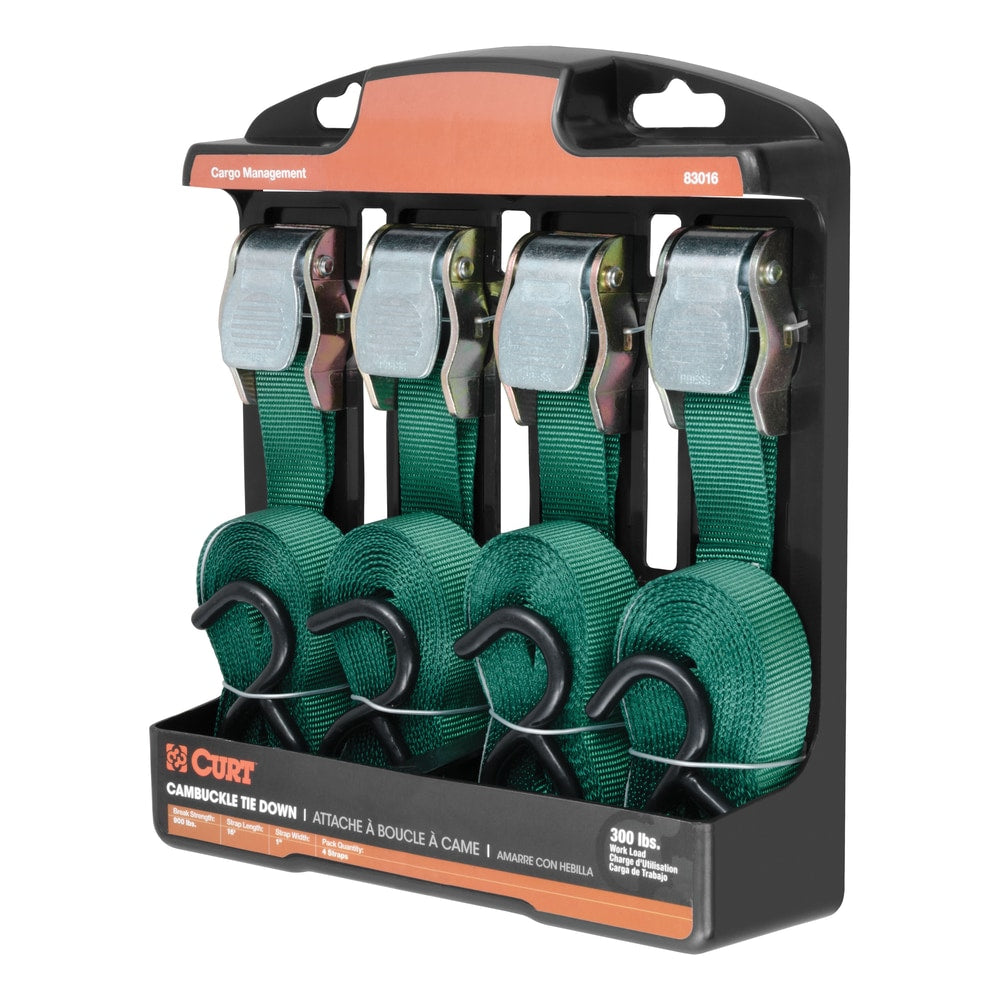 83016 Cargo Straps with S-Hooks, Dark Green, 300-lb, 16-ft, 4-pk