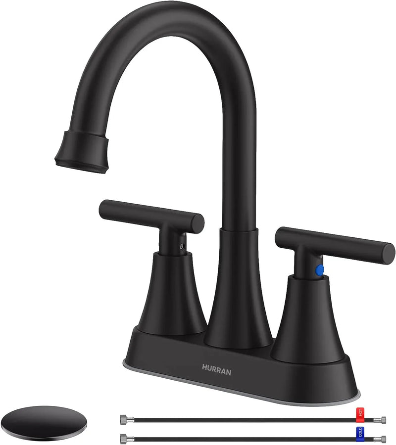 Bathroom Faucets for Sink 3 Hole, Hurran 4 inch Matte Black Bathroom Sink Faucet with Pop-up Drain Q7347
