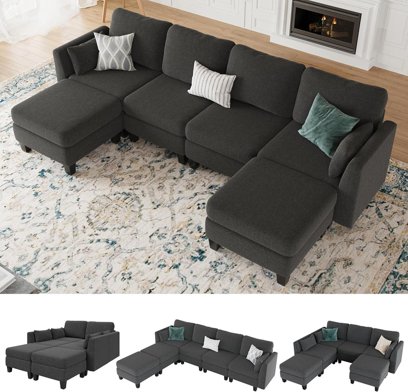 Modular Sectional Sofa, Convertible U Shaped Sofa Couch with High Density Memory Foam, 6 Seat Comfy Modular Sofa Couch Room, Modern U Shaped Sectional Sofa, Dimgrey E3250