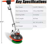 Commercial Floor Scrubber Machine with Brushes and Pads, Heavy Duty Floor Buffer Polisher and Cleaner- Deep Cleaning Tile and Grout, Hardwood Floors and Carpets without Getting on Hands and Knees