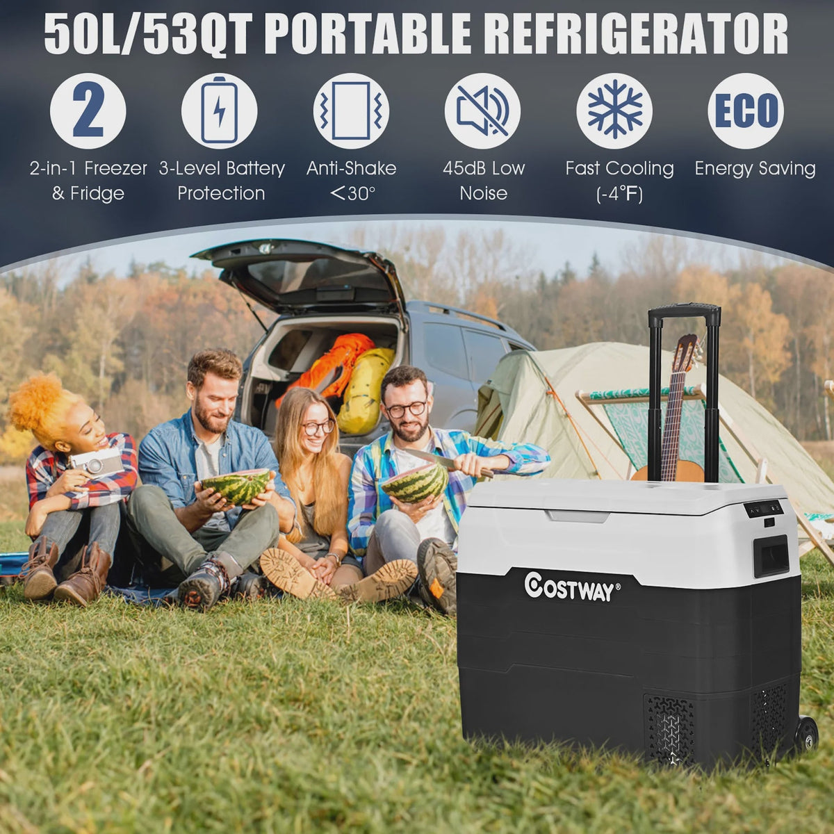53 qt Wheeled Corded Electric Dual-Zone Portable Car Refrigerator, White