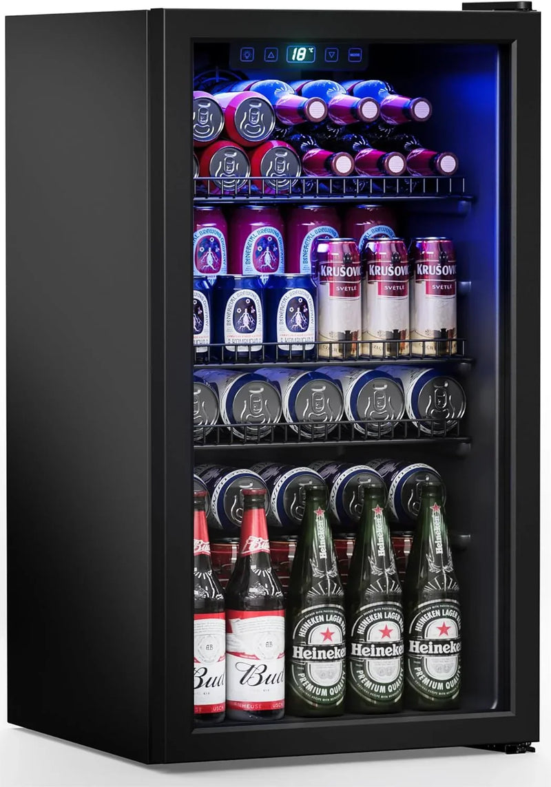 Refrigerator Cooler-120 Cans Freestanding Mini Fridge Cooler with Glass Door, Adjustable Shelves & Digital Temperature Display for Soda, Wine or Beer (Black, 3.2 Cu.Ft) P7651