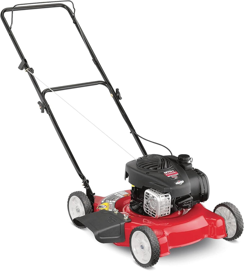 20-inch steel cutting deck, side-discharge gasoline-powered push lawn mower, with engine oil, available in red and black, suitable for outdoor yards. X6779
