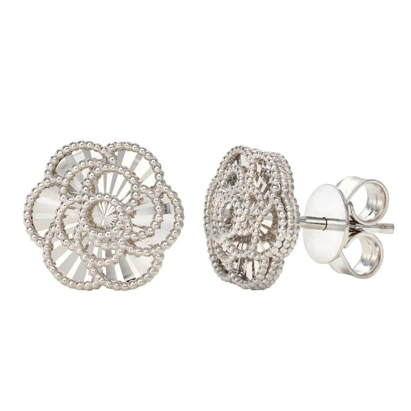 Diamond Cut Textured Flower Stud Earrings in White Gold C251
