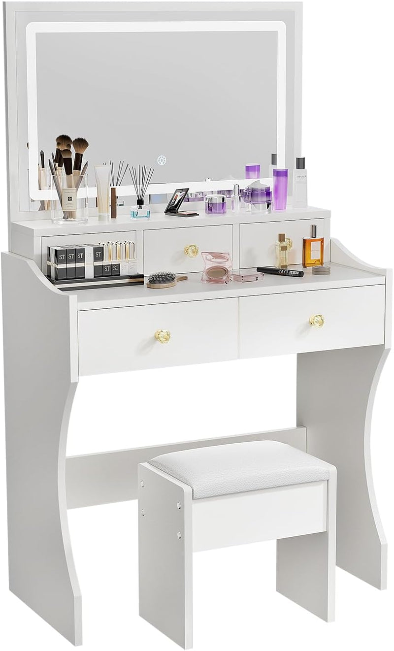 Makeup Table with Extra Large Mirror and Lights, 80cm Dressing Table with Stool E8022