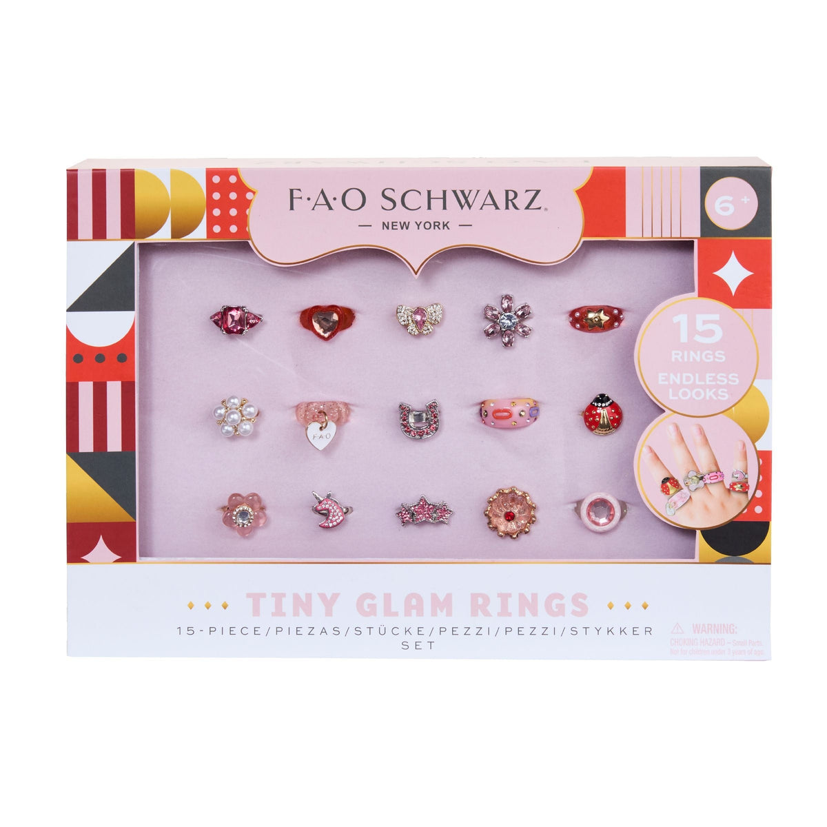 Kids Glam Rings Set, 15 Piece, Pink
