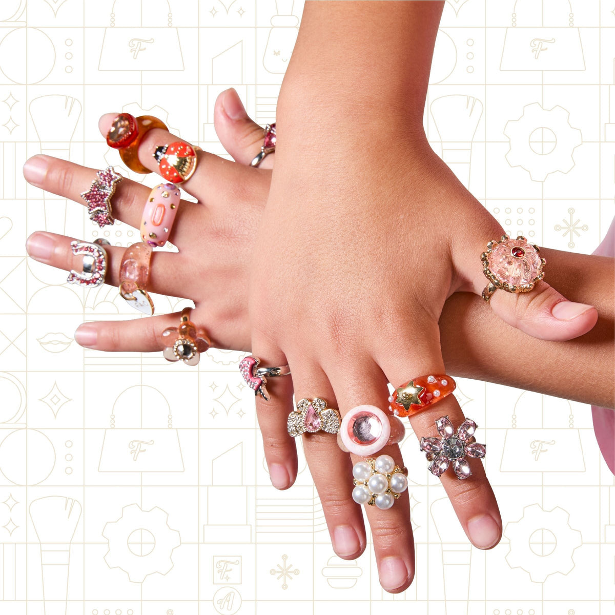 Kids Glam Rings Set, 15 Piece, Pink