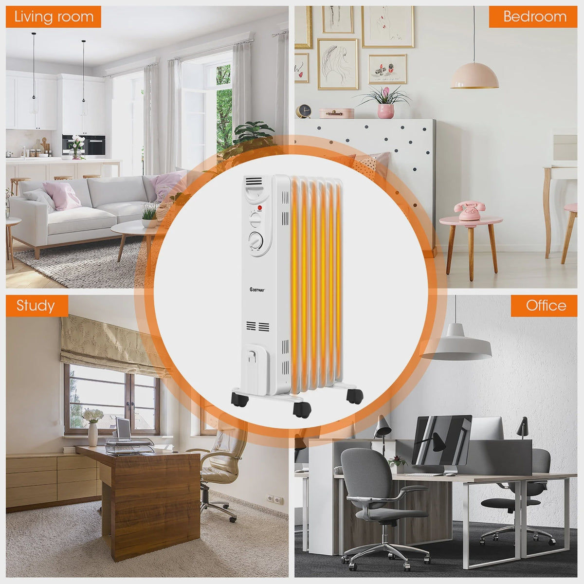 1500W Electric Oil Filled Radiator Space Heater 5-Fin Thermostat Room Radiant