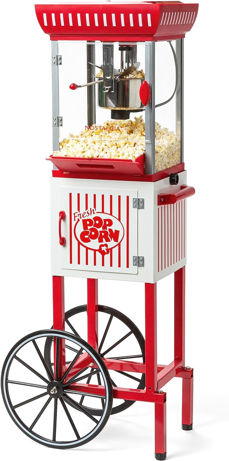 Popcorn Maker Machine - Professional Cart With 2.5 Oz Kettle Makes Up to 10 Cups - Vintage Popcorn Machine Movie Theater Style - Red & White H2776
