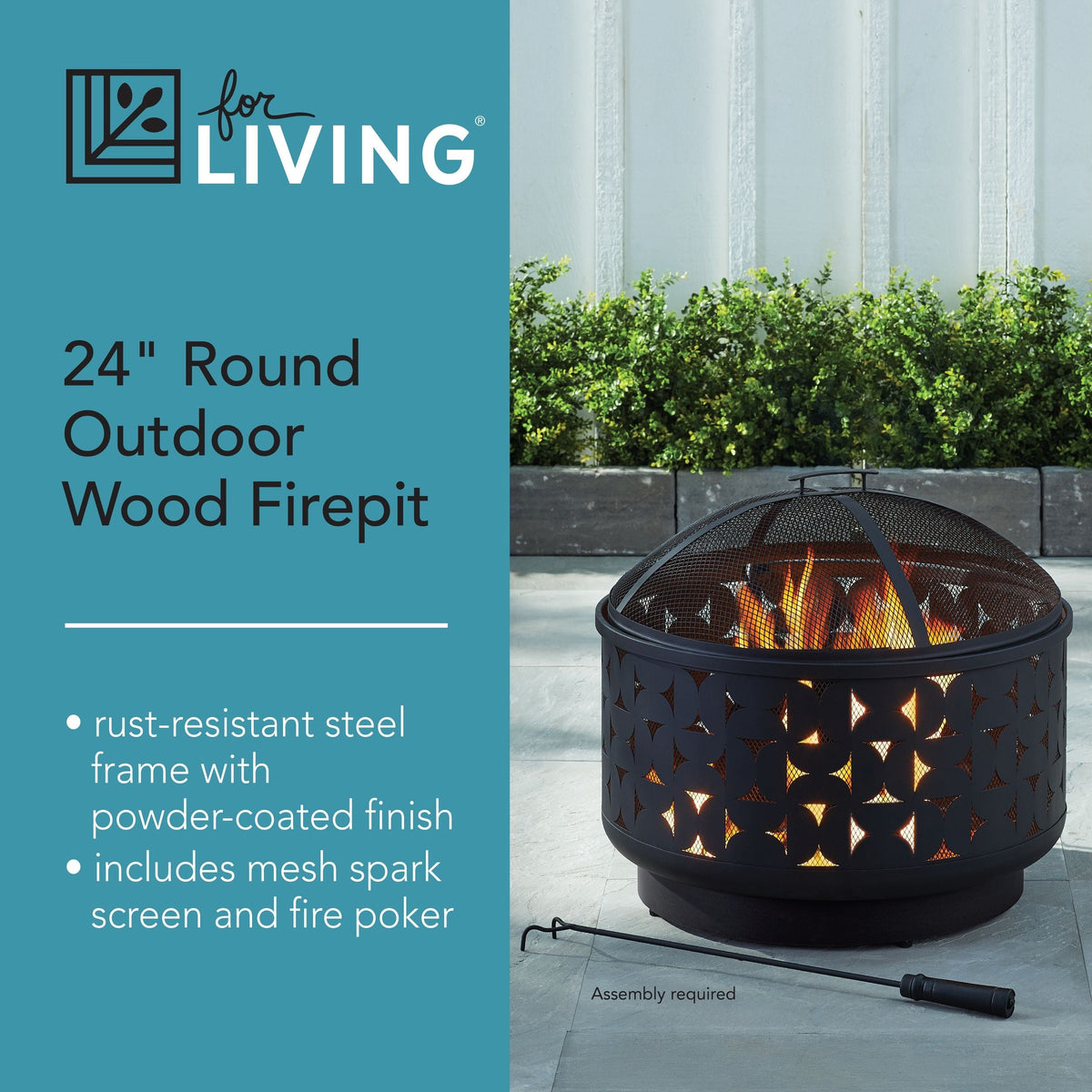 Round Outdoor Wood Burning Fire Pit, Steel, Black, 24-in