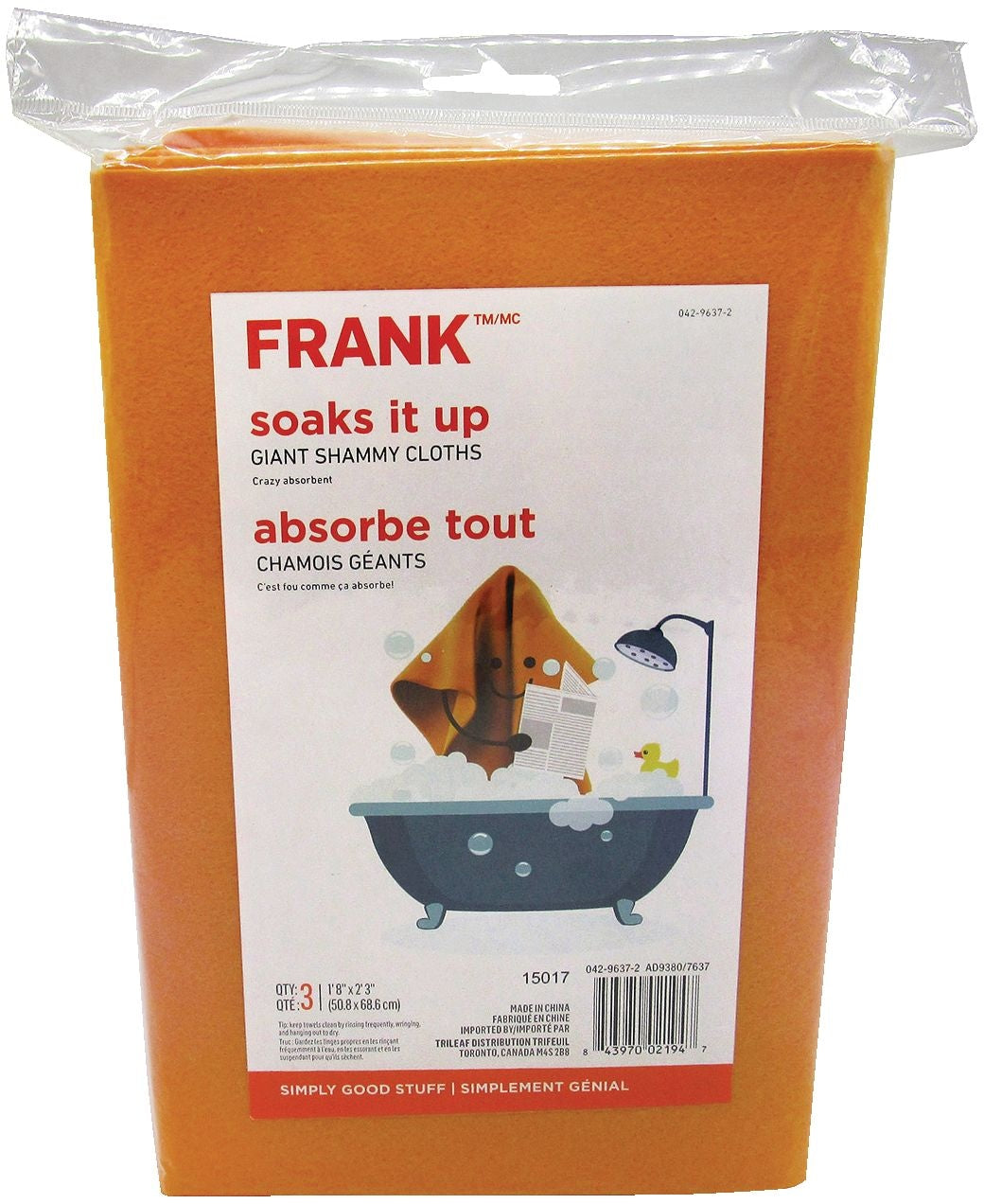 FRANK All-Purpose Machine Washable Synthetic Giant Shammy Towel, Orange, 3-pk