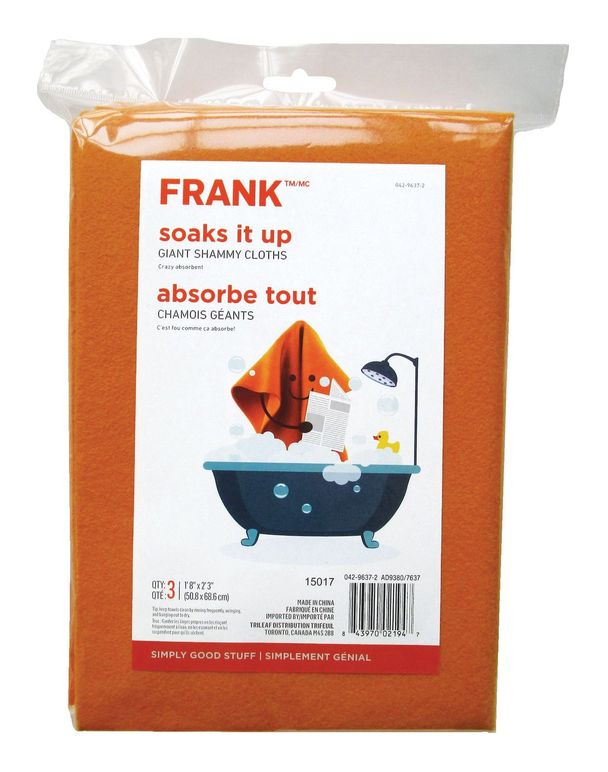 FRANK All-Purpose Machine Washable Synthetic Giant Shammy Towel, Orange, 3-pk