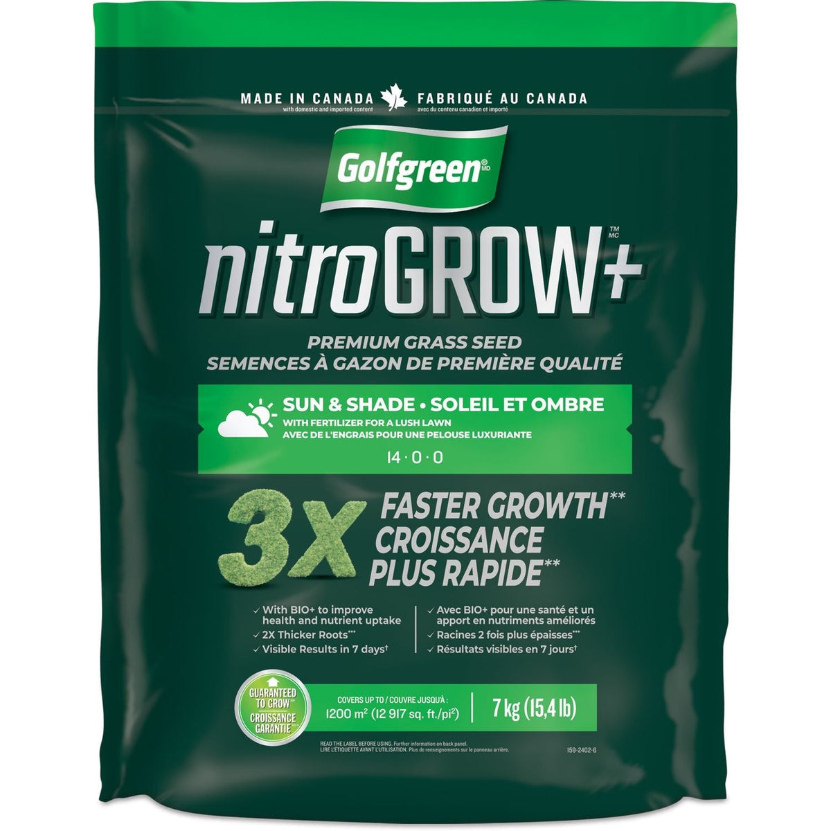 Nitrogrow+ Premium Nitrogen Enriched Sun and Shade Grass Seed with Fertilizer, 14-0-0, 7kg