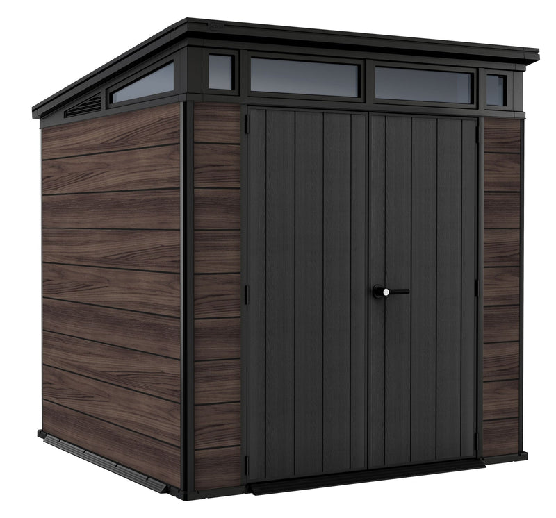 Pent Durable DecoCoat Lockable 2-Door Resin Outdoor Storage Shed with Windows, Brown, 7-ft x 7-ft A9325