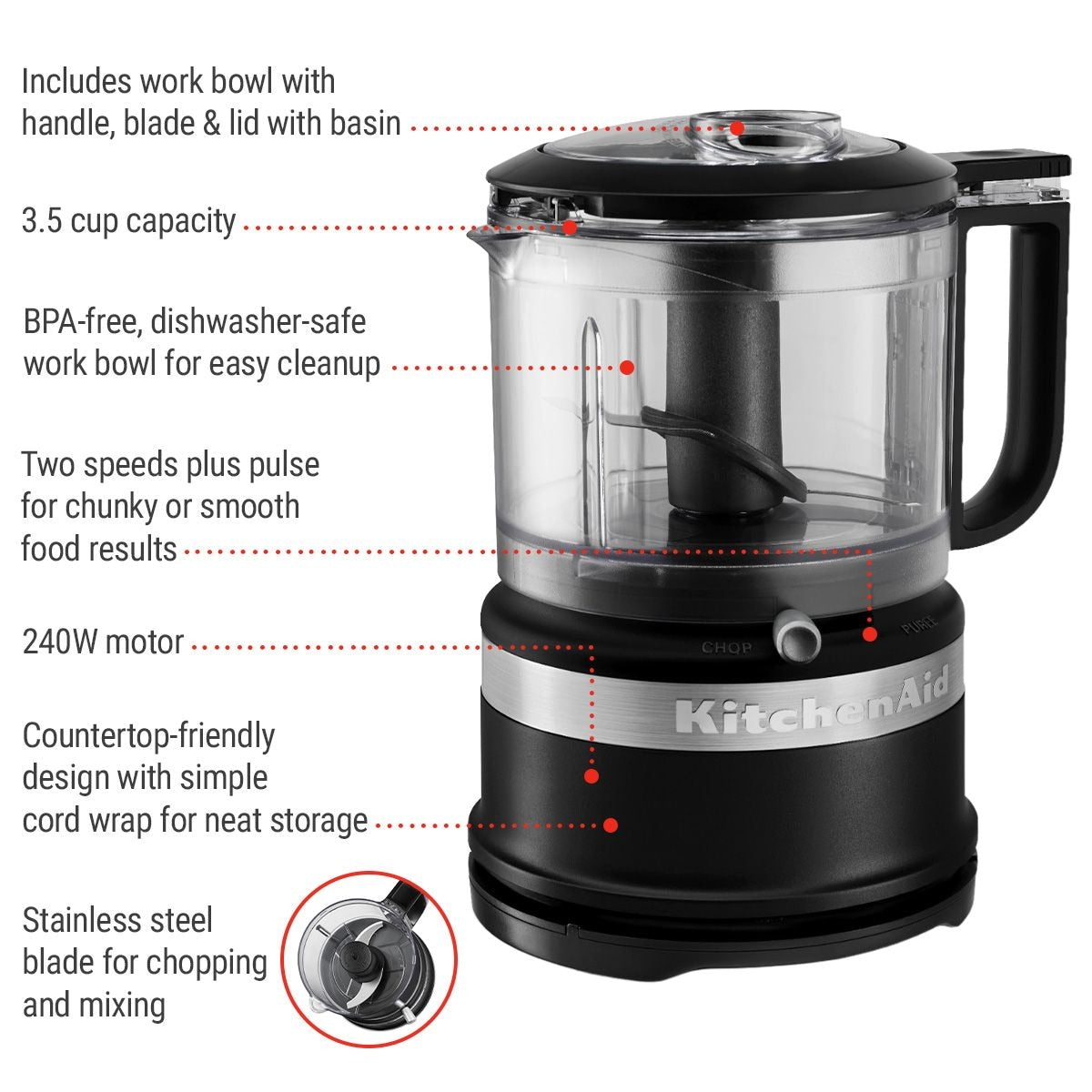 Compact Food Chopper with Dishwasher Safe Parts, Black