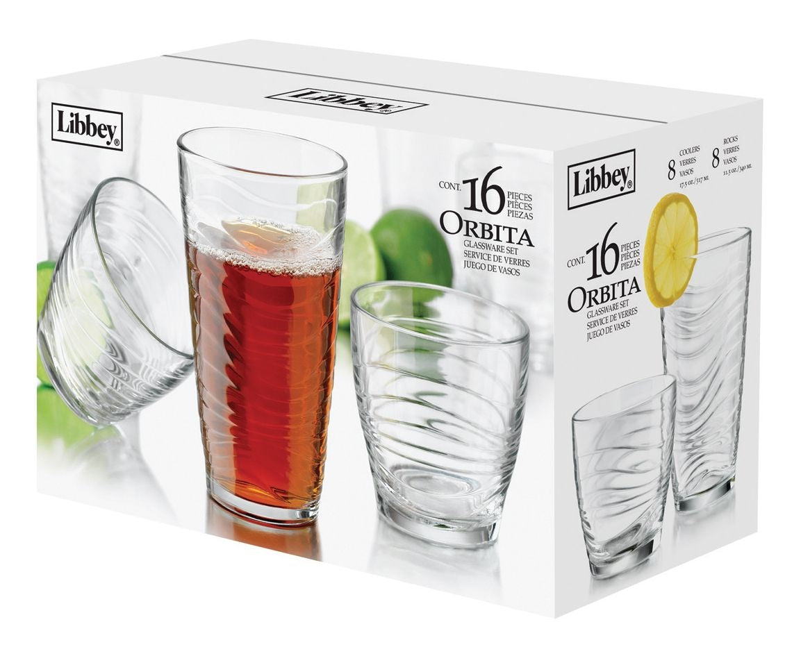 Orbita 16pc Tumbler Glassware Set, Dishwasher Safe, 8pc x 13-oz and 8pc x 18-oz