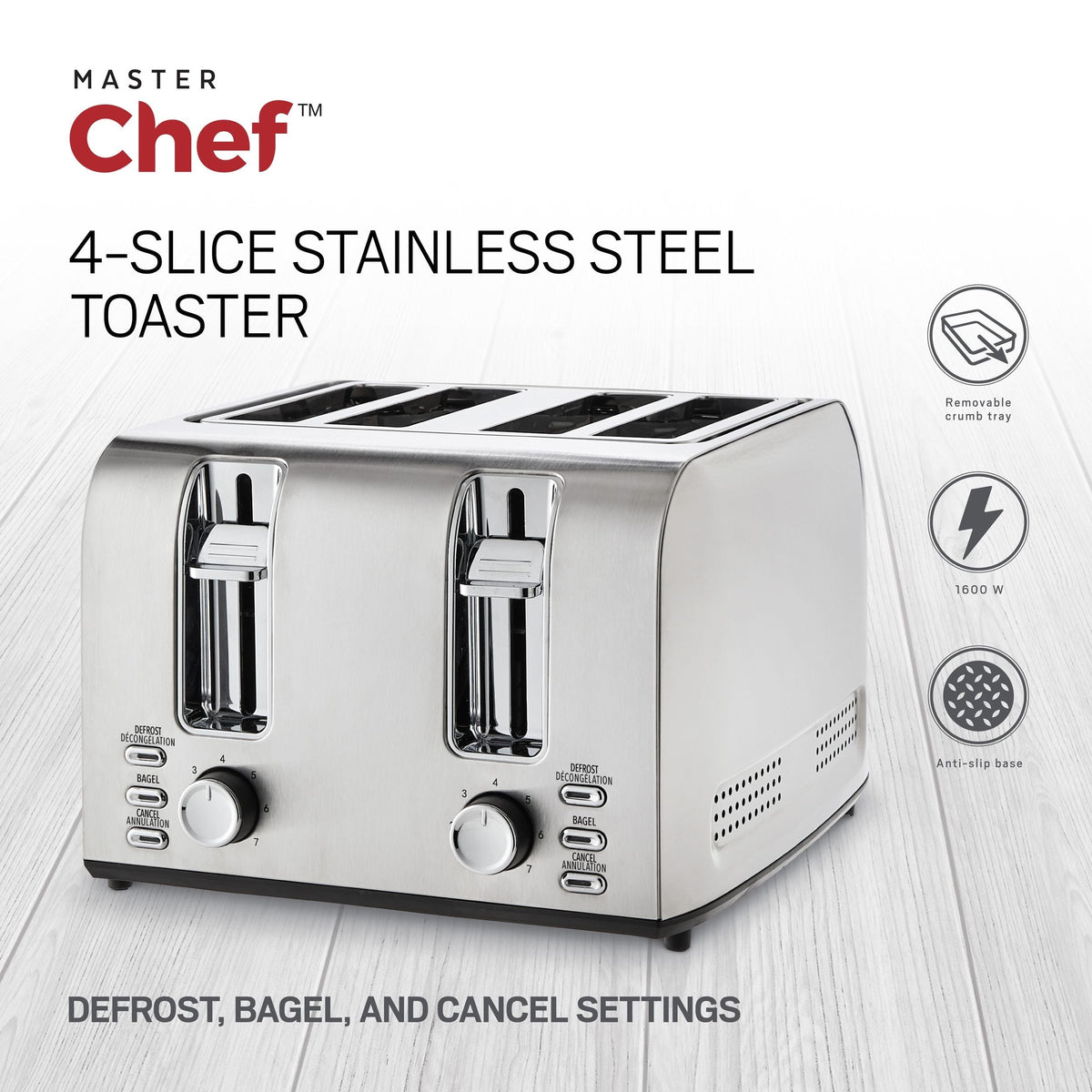 Stainless Steel Toaster with 3 Settings, 4-Slice