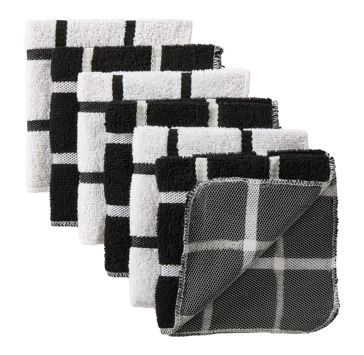 Terry Checkered Dish Cloths with Scrubber, Black, 6-pk
