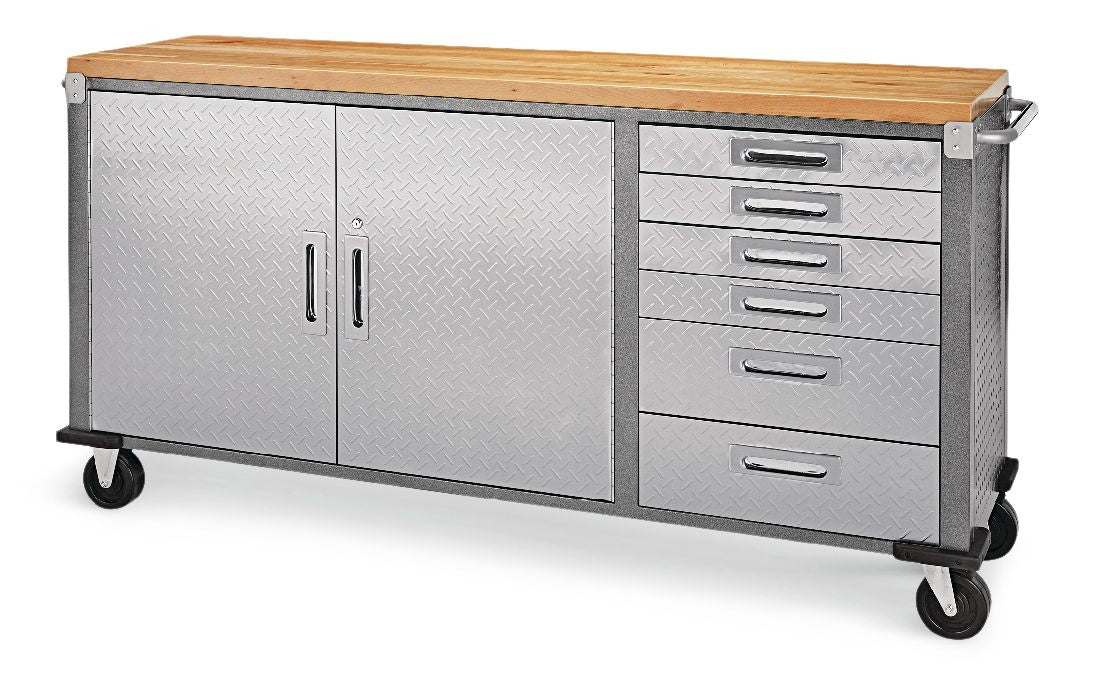 72" Diamond Series 2-Door, 6-Drawer Wooden Top Work Station with Wheels, 72 x 21-5/8 x 37-1/2-in