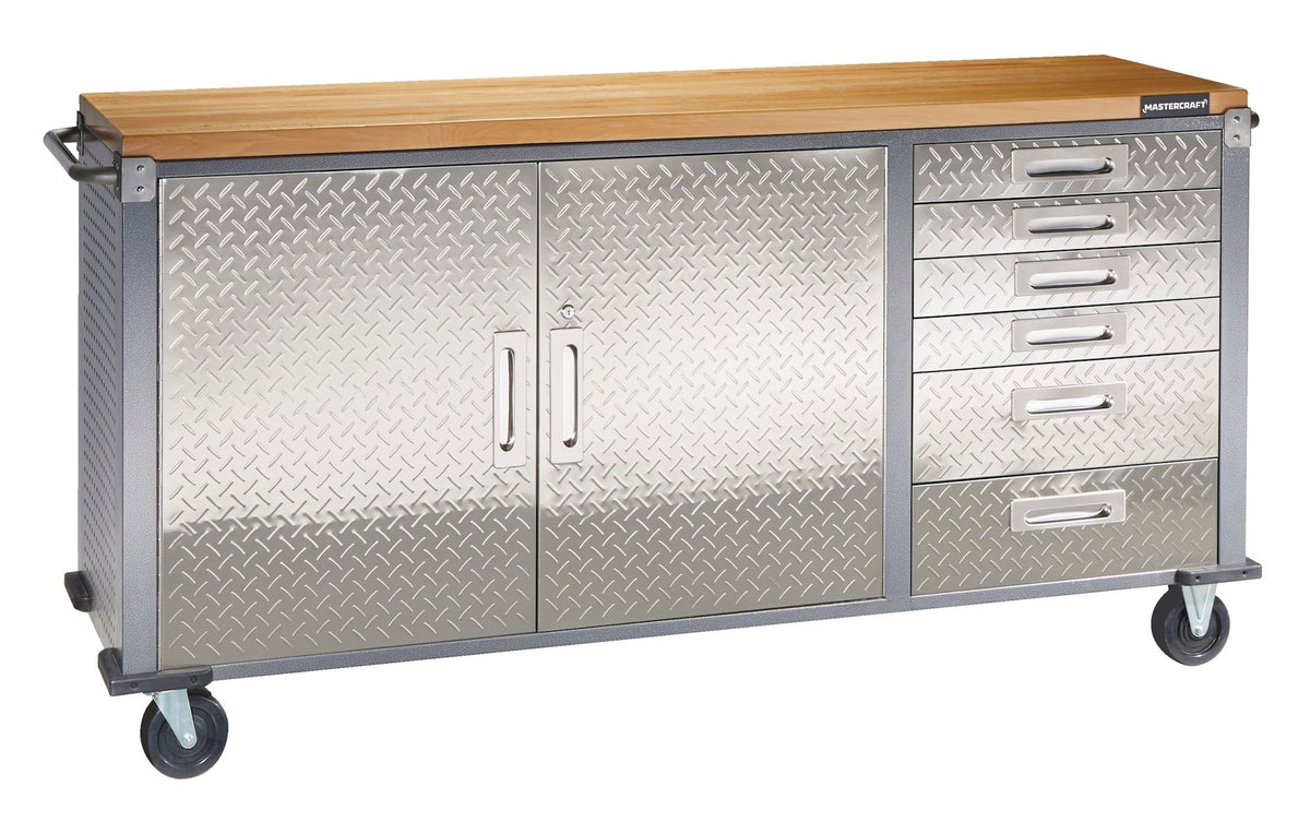 72" Diamond Series 2-Door, 6-Drawer Wooden Top Work Station with Wheels, 72 x 21-5/8 x 37-1/2-in
