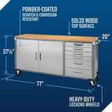 72" Diamond Series 2-Door, 6-Drawer Wooden Top Work Station with Wheels, 72 x 21-5/8 x 37-1/2-in