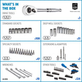 Socket Set, 350-pc, SAE / Metric, CRV, Nickel-Chrome Plating
