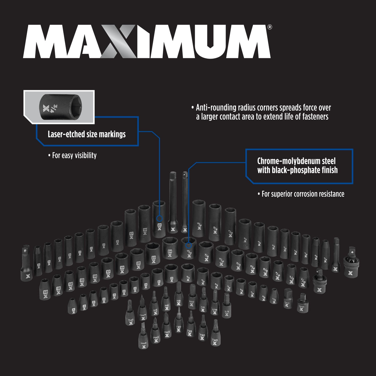 MAXIMUM 3/8-in & 1/2-in Drive Professional Grade Impact Socket Set, 83-pc, CRMO